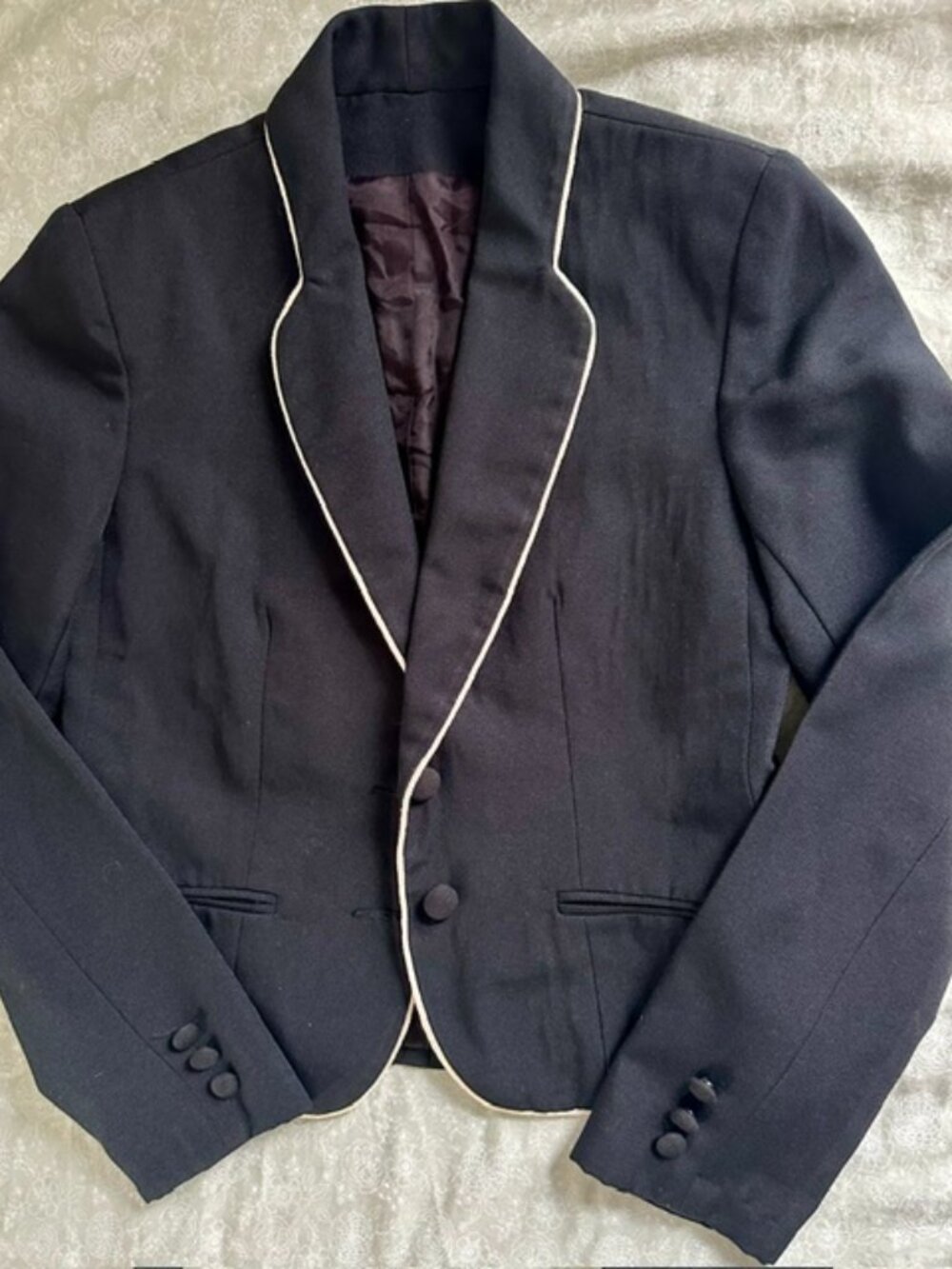 Vintage Navy Cropped Military Blazer Womens White Piping Jacket Size S